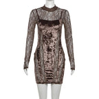 Velvet patchwork high neck long sleeve lace mini dress