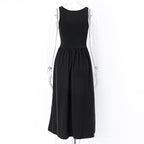Square neck ruched solid sleeveless A line midi dress