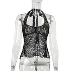 Halter backless lace flower pattern solid top  | Festival Outfits Women