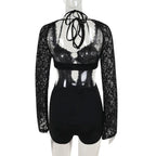 Long sleeve halter self tie lace hollow out romper  | Festival Outfits Women
