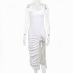 Ruched flower applique solid slit irregular backless midi dress