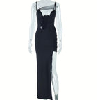 Irregular high slit ruched mesh hollow out cami cut out maxi dress  | Festival Outfits Women