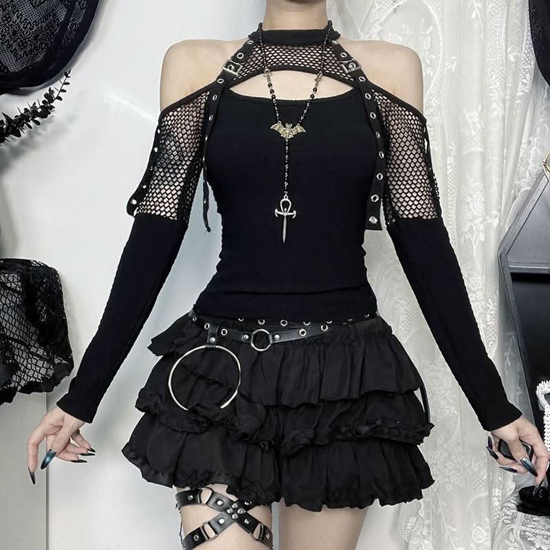 Off shoulder long sleeve fishnet patchwork buckle top  | Festival Outfits Women