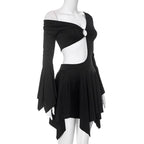 Long flared sleeve irregular solid ruffle o ring hollow out mini dress