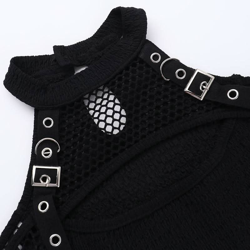 Off shoulder long sleeve fishnet patchwork buckle top  | Festival Outfits Women