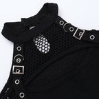 Off shoulder long sleeve fishnet patchwork buckle top  | Festival Outfits Women