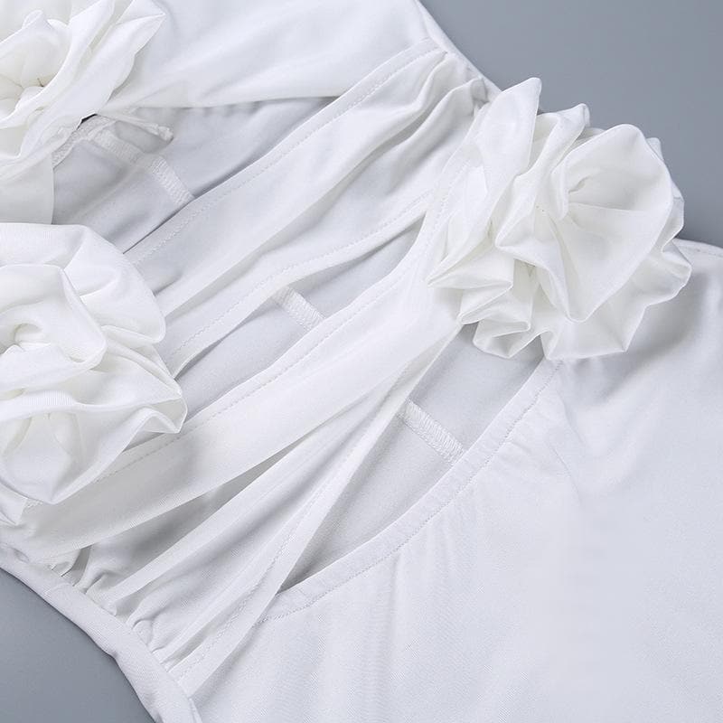Solid halter slit ruched hollow out flower applique midi dress