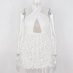 Textured smocked cross front halter ruched hollow out mini dress