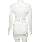 Lace up solid hollow out off shoulder long sleeve mini dress