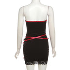 Lace up contrast lace hem bowknot backless tube mini dress