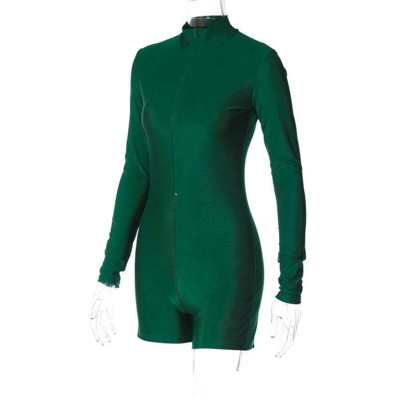 Zip-up solid long sleeve high neck romper  | Festival Outfits Women