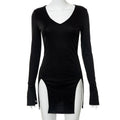Long sleeve deep v neck slit solid mini dress