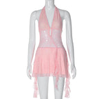 Halter v neck backless lace self tie hollow out cut out mini dress