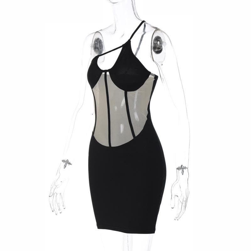 Mesh patchwork hollow out corset one shoulder irregular backless mini dress