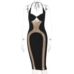 Mesh see through hollow out halter midi dress