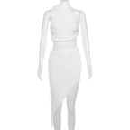 Irregular one shoulder sleeveless textured midi skirt set