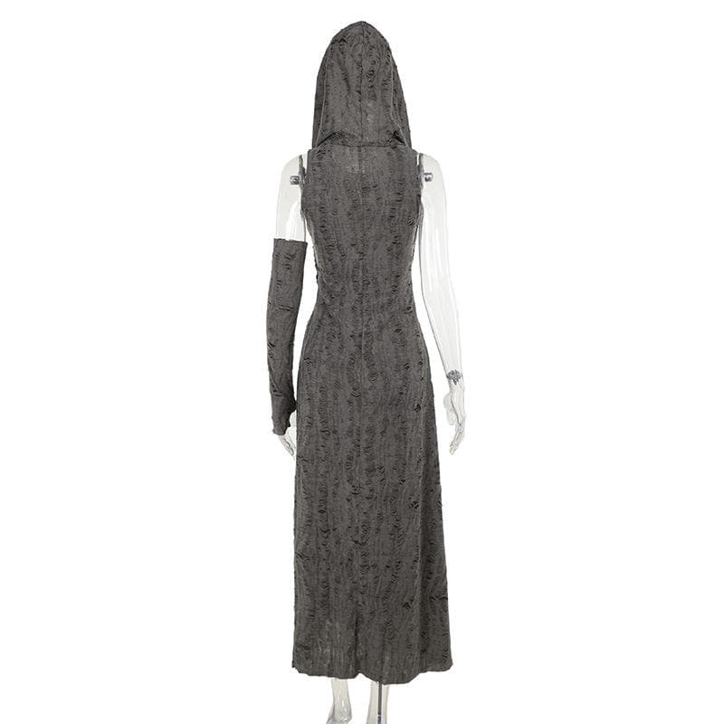 Hoodie ruched ruffle slit maxi dress  | Festival Outfits Women