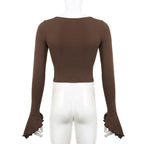 Lace up long flared sleeve ruched lace hem ruffle crop top