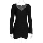 Ruched solid long sleeve v neck mini dress
