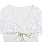 Lace hem long sleeve v neck ribbon ruched top  | Festival Outfits Women