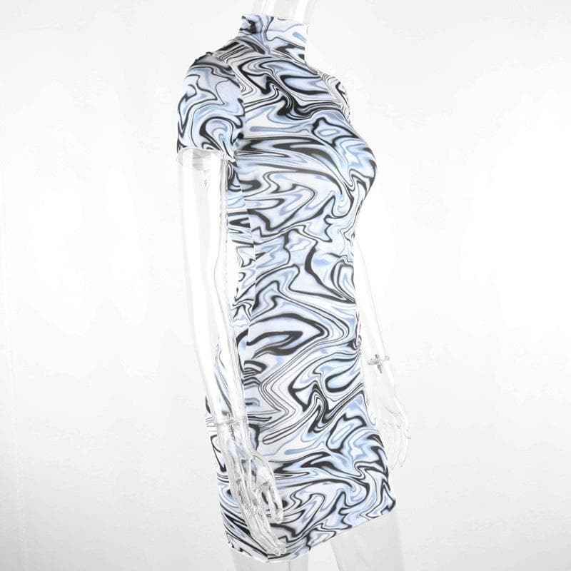 Ripple print contrast high neck short sleeve mini dress