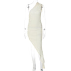 Textured one shoulder irregular sleeveless ruched midi dress