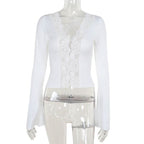 Long sleeve v neck lace hem button top  | Festival Outfits Women