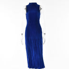 Textured solid zip-up ruffle high neck sleeveless midi dress