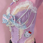 Bowknot beaded "Hello Kitty" pattern mesh cami top  | Festival Outfits Women