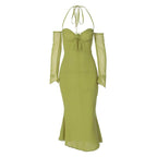 Low cut halter off shoulder long flared sleeve midi dress