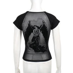 Short sleeve round neck print mesh top  | Festival Outfits Women