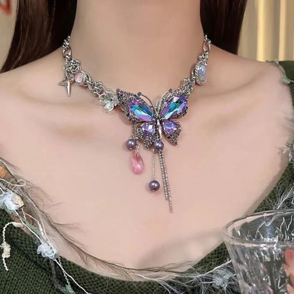 Purple butterfly flower beaded choker necklace  | Festival Outfits Women