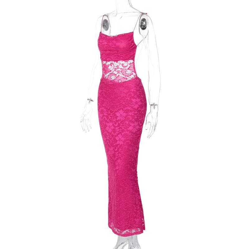 Lace solid square neck ruched spaghetti strap backless maxi dress
