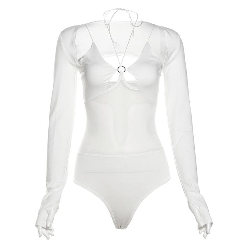 Long sleeve gloves o ring hollow out shrug 2 piece bodysuit  | Festival Outfits Women
