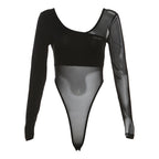 Long sleeve mesh metal tag patchwork bodysuit  | Festival Outfits Women
