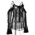Long flared sleeve Off shoulder sheer mesh ruffle mini dress  | Festival Outfits Women