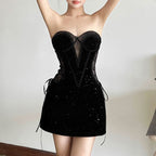 Sweetheart neck velvet lace up mesh beaded mini dress  | Festival Outfits Women