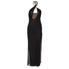Slit mesh cross front hollow out ruched backless maxi dress