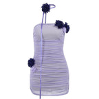 Ruched mesh flower applique backless tube mini dress
