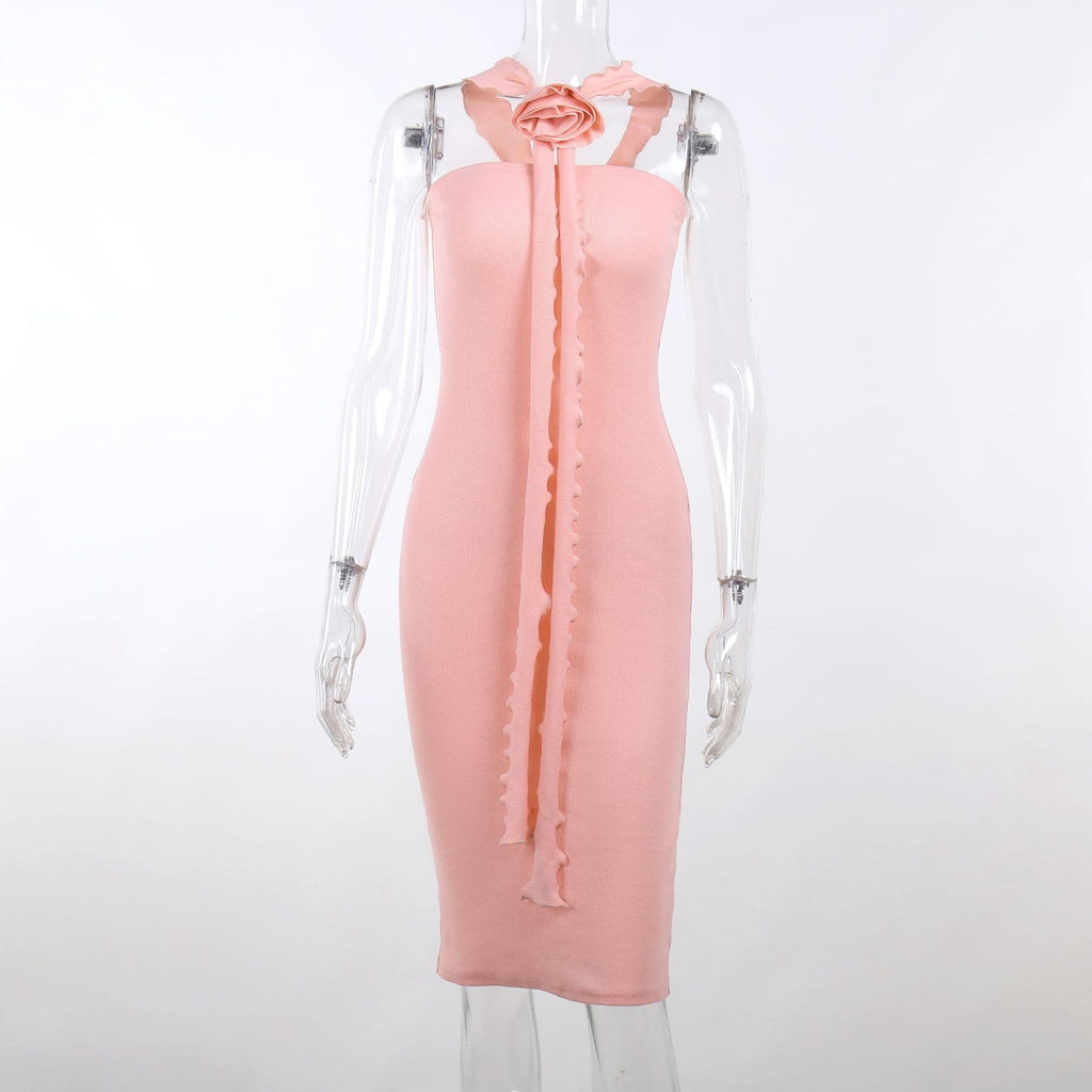 Ribbed solid slit flower applique ribbon ruffle midi dress