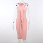 Ribbed solid slit flower applique ribbon ruffle midi dress