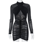 Ruched long sleeve cross front sheer mesh see through mini dress
