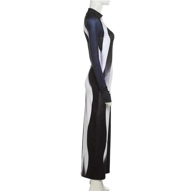 Long sleeve contrast gloves crewneck abstract midi dress