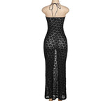 Mesh see through floral embroidery O ring hollow out halter maxi dress