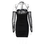 Mesh solid gloves halter off shoulder backless ruched mini dress