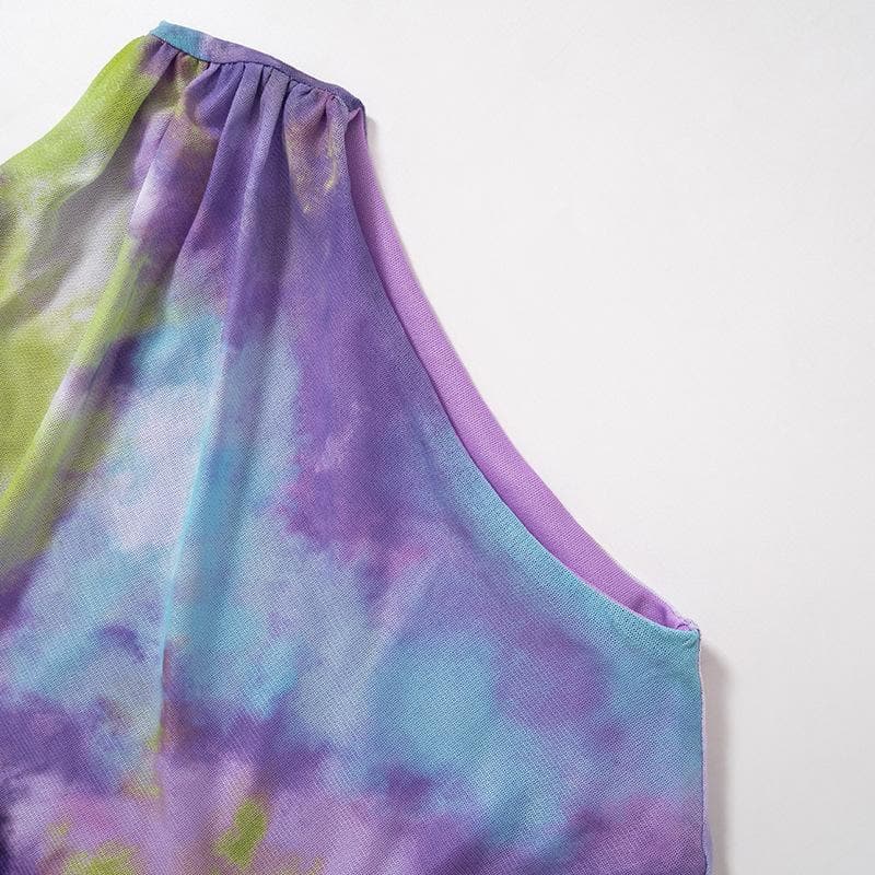 Ruched tie dye sleeveless crewneck mesh mini dress - Final Sale