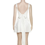 Ruched solid sleeveless square neck bowknot backless mini dress