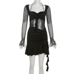 Long sleeve halter mesh ruched ruffle mini dress  | Festival Outfits Women