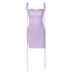 Ruched backless cowl neck solid self tie mini dress