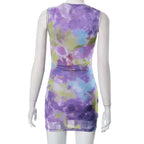 Ruched tie dye sleeveless crewneck mesh mini dress - Final Sale